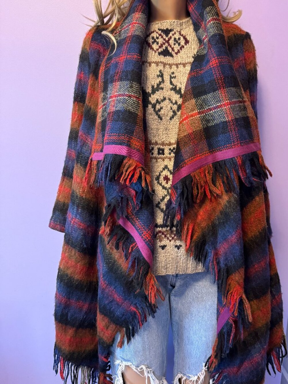 Anthropologie x HEI HEI TARTAN WOOL BLEND PLAID BLANKET FRINGE COAT XS/S